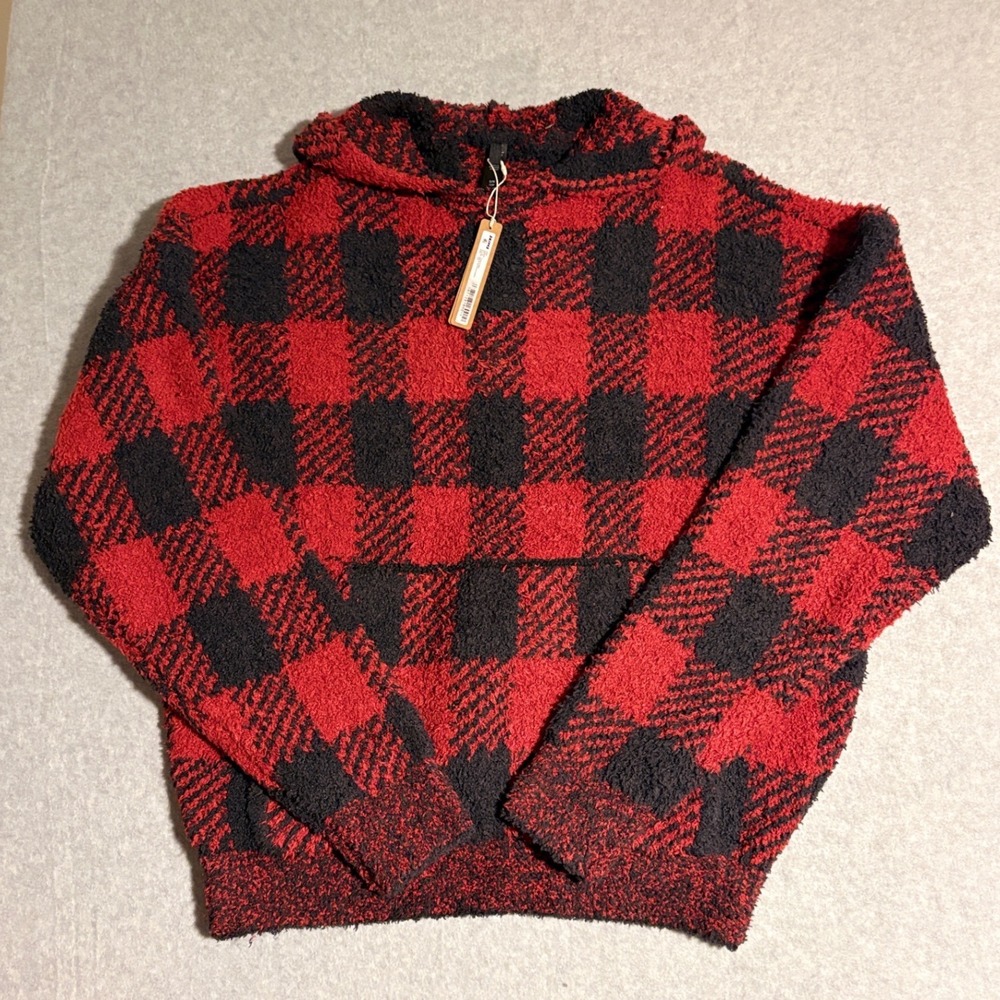 SKIMS Cozy Hoodie Women S/M Brick Buffalo Check NWT Plaid Boucle Knit Red Black